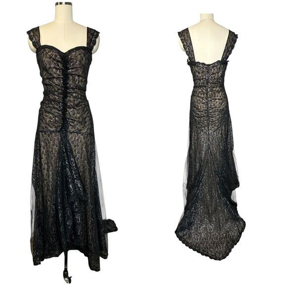 Randolph Duke  Vintage 1990s Black Lace Metallic Cocktail Gown with Train - Picture 1 of 13